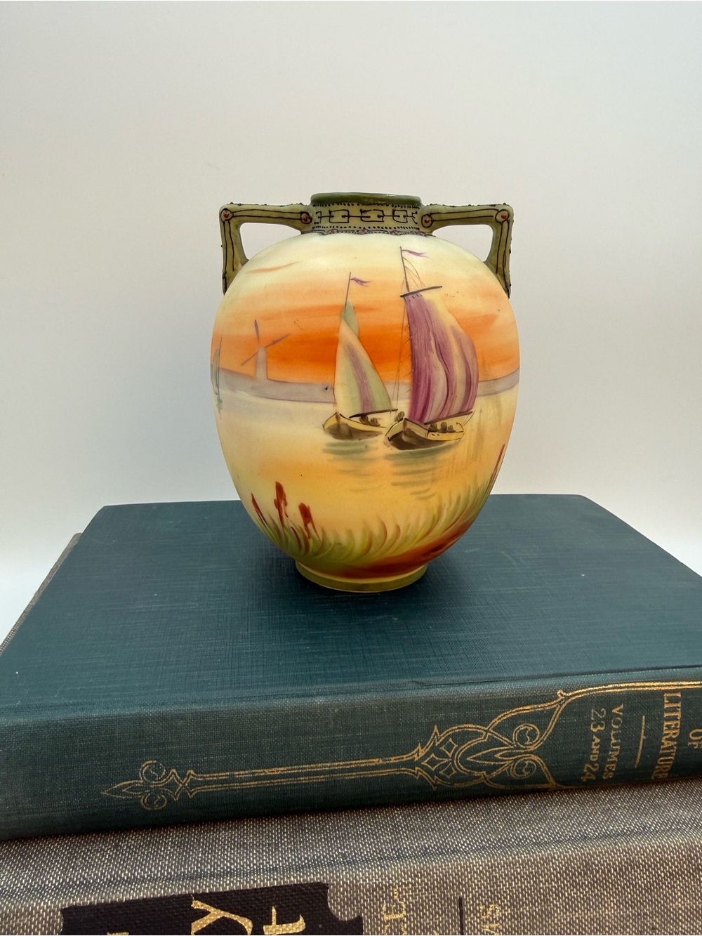 Vintage Old Noritake Hand painted Vase Sailing Ship Windmill Japan Please Read